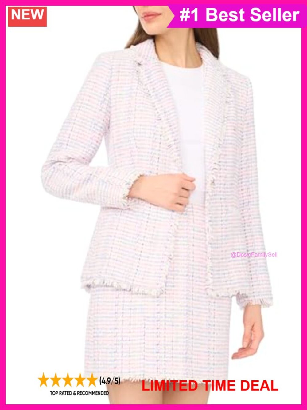 Frayed Edge Tweed Straight Blazer Fitted Lined Jacket for Semi-Formal